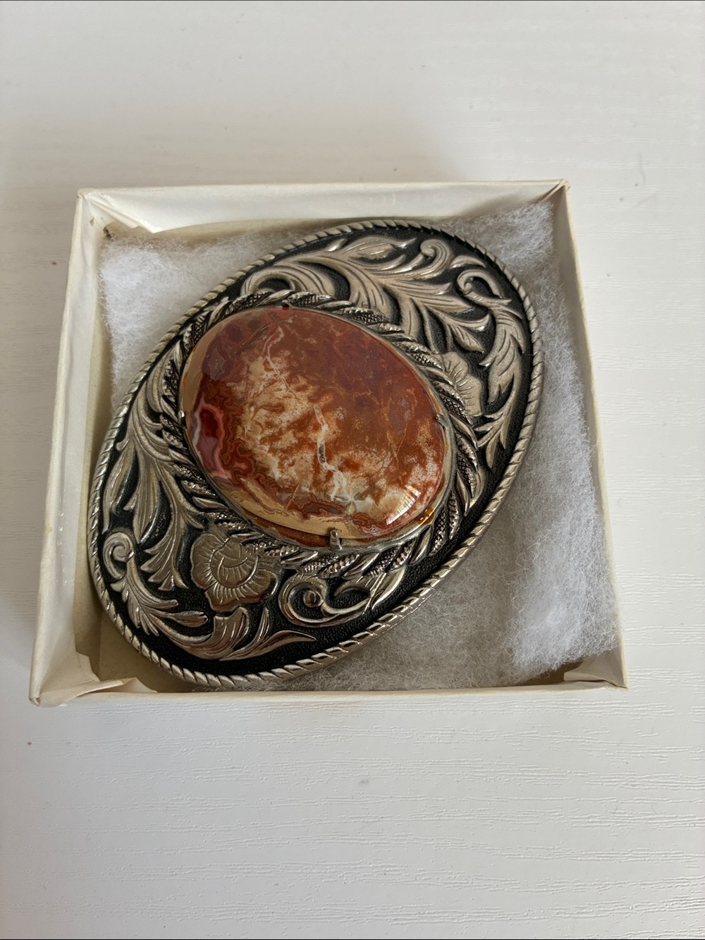 Western Floral Engraved Belt Buckle with Brown/Red Agate Stone